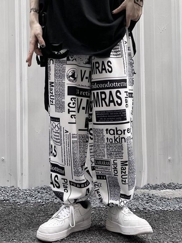 EMMIOL Pantalones tipo jogging con estampado de periódico para hombre