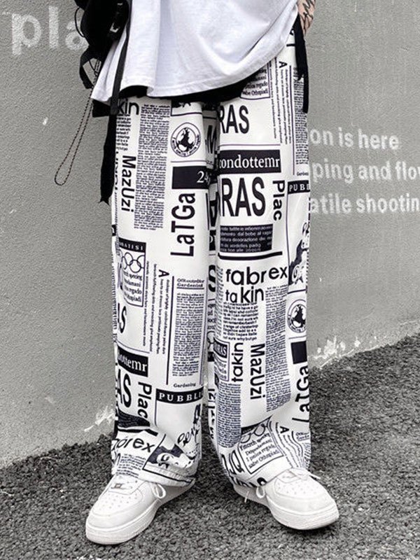 EMMIOL Pantalones tipo jogging con estampado de periódico para hombre