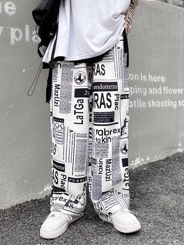 EMMIOL Pantalones tipo jogging con estampado de periódico para hombre