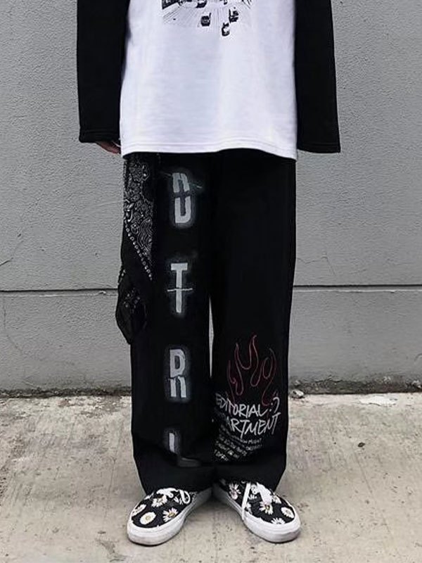 EMMIOL Pantalones casuales con estampado de llamas y letras para hombre