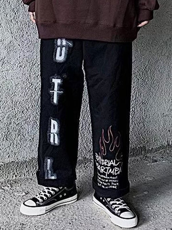 EMMIOL Pantalones casuales con estampado de llamas y letras para hombre