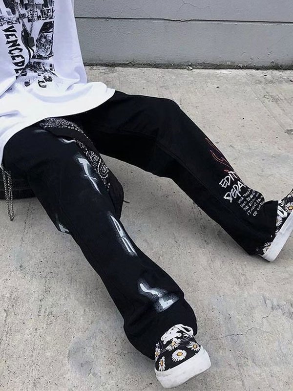 EMMIOL Pantalones casuales con estampado de llamas y letras para hombre