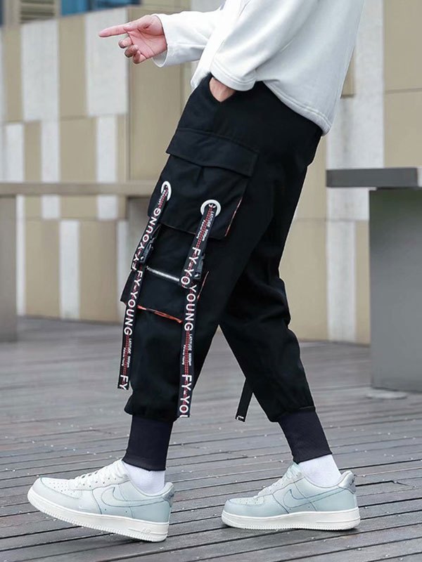 EMMIOL Pantalones cargo con detalle de tira con letras para hombre