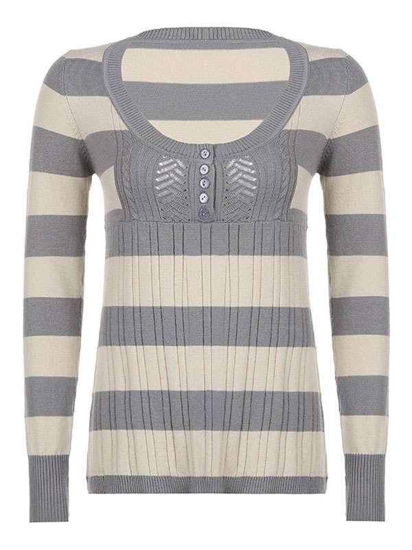 Emmiol Free shipping 2023 Striped Long Sleeve Button Knit Top Grey S in Knits online store. EMMIOL
