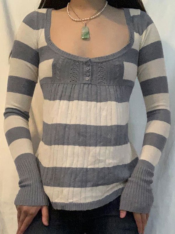 Emmiol Free shipping 2023 Striped Long Sleeve Button Knit Top Grey S in Knits online store. EMMIOL