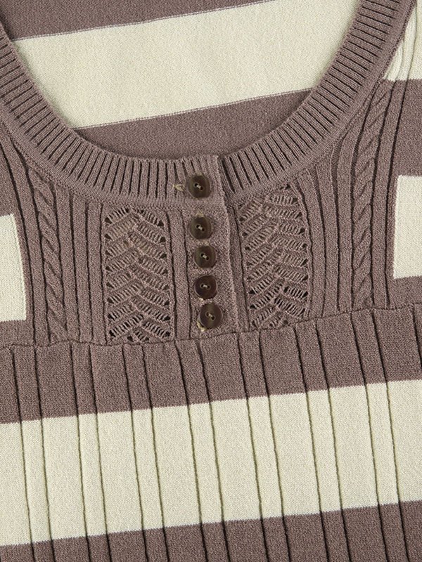 2022 Striped Long Sleeve Button Knit Top Brown S In Knits Online Store. Best For Sale