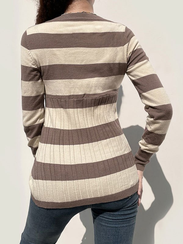 2022 Striped Long Sleeve Button Knit Top Brown S In Knits Online Store. Best For Sale