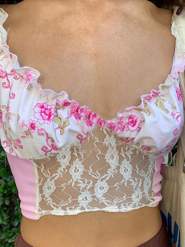 EMMIOL Blusa corta de encaje floral con patchwork