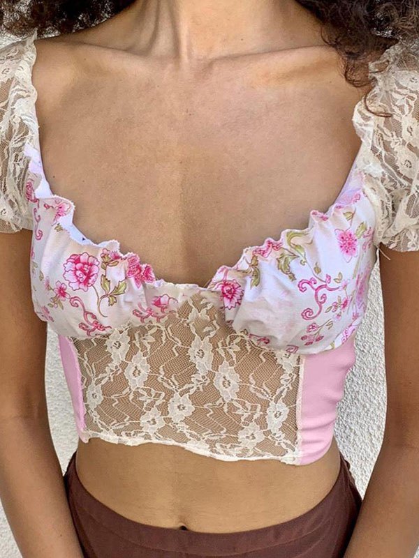 EMMIOL Blusa corta de encaje floral con patchwork