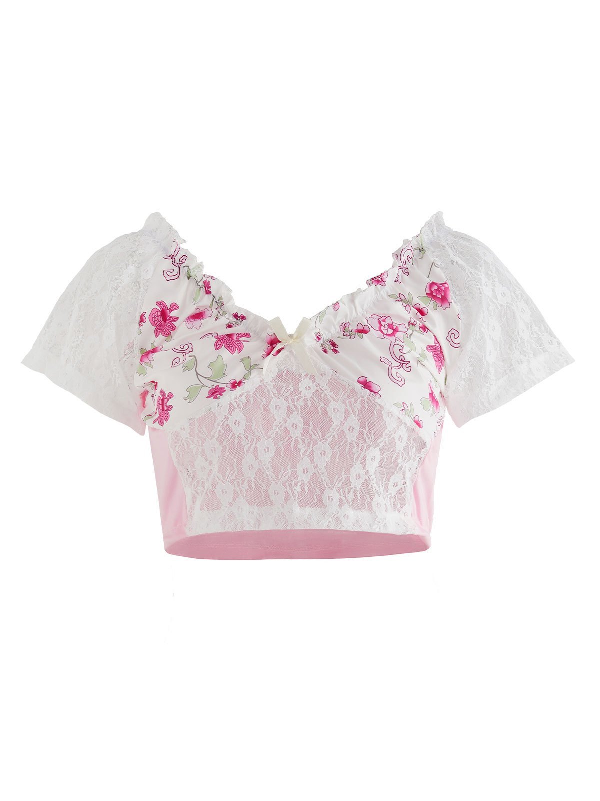 EMMIOL Blusa corta de encaje floral con patchwork