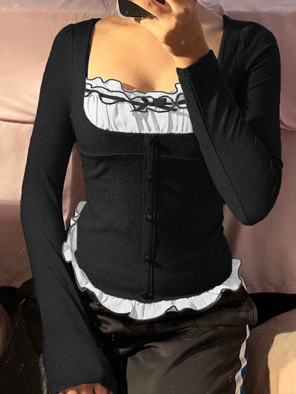 EMMIOL Patchwork Ruffle Long Sleeve Crop Blouse