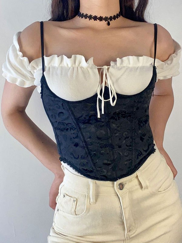 EMMIOL Tie Back Jacquard Corset Top