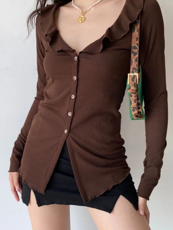 EMMIOL Button Down Ruffle Long Cardigan