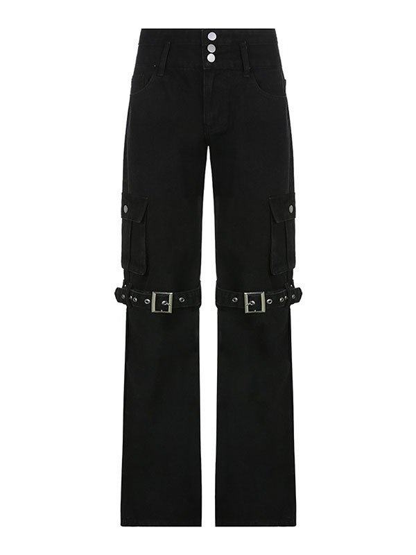 Emmiol Free shipping 2023 Buckle Strap Detail Cargo Jeans Black M in