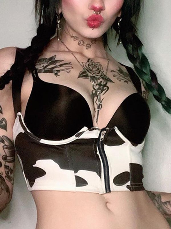 EMMIOL Cow Pattern Pu Leather Corset Top