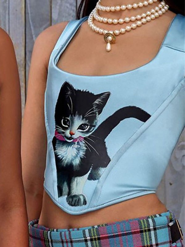 EMMIOL Top corsé con estampado de gatitos