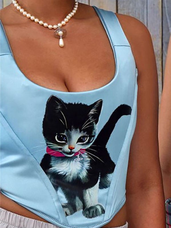 EMMIOL Top corsé con estampado de gatitos