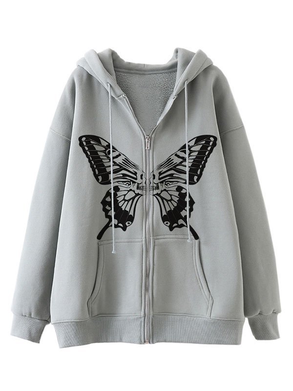 EMMIOL Sudadera con capucha y cremallera con estampado de mariposas