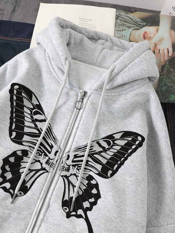 EMMIOL Sudadera con capucha y cremallera con estampado de mariposas
