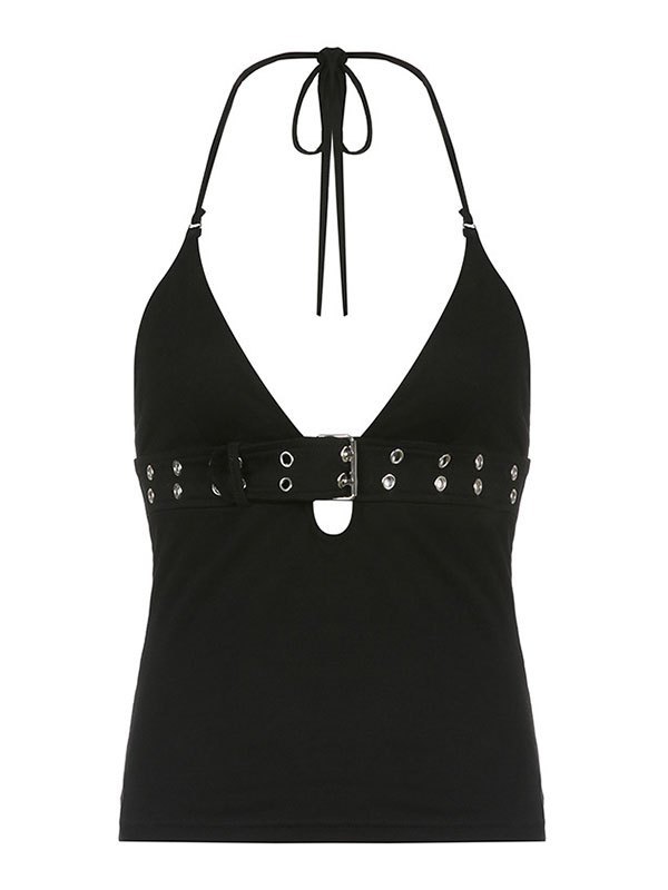 2023 Buckle Strap Halter Crop Cami Top Black S In Tank Tops & Camis
