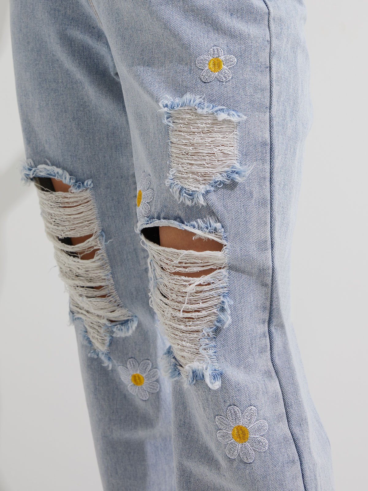 Emmiol Free shipping 2024 Floral Embroidery Ripped Jeans Blue XS in