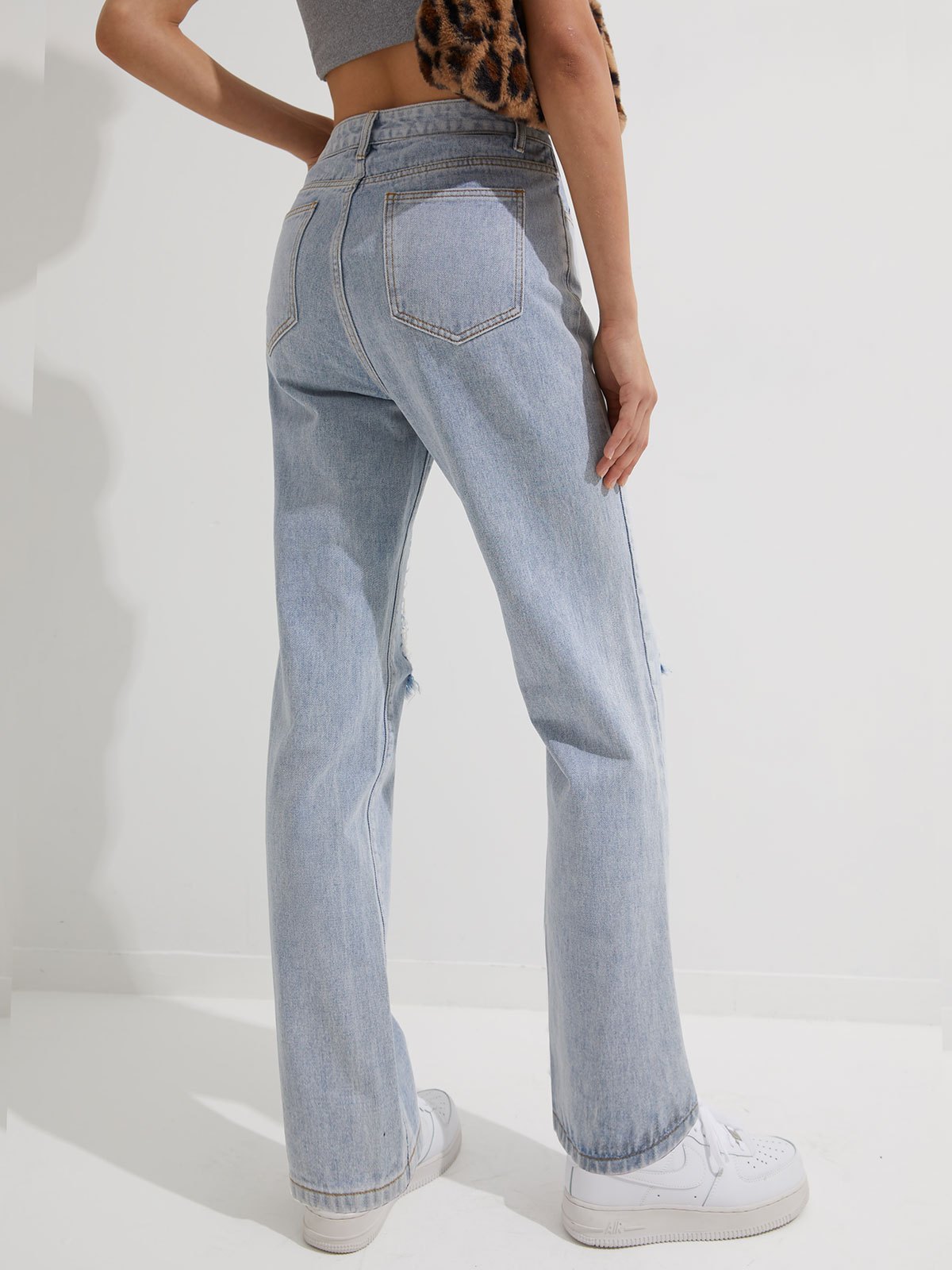 Emmiol Free shipping 2024 Floral Embroidery Ripped Jeans Blue XS in