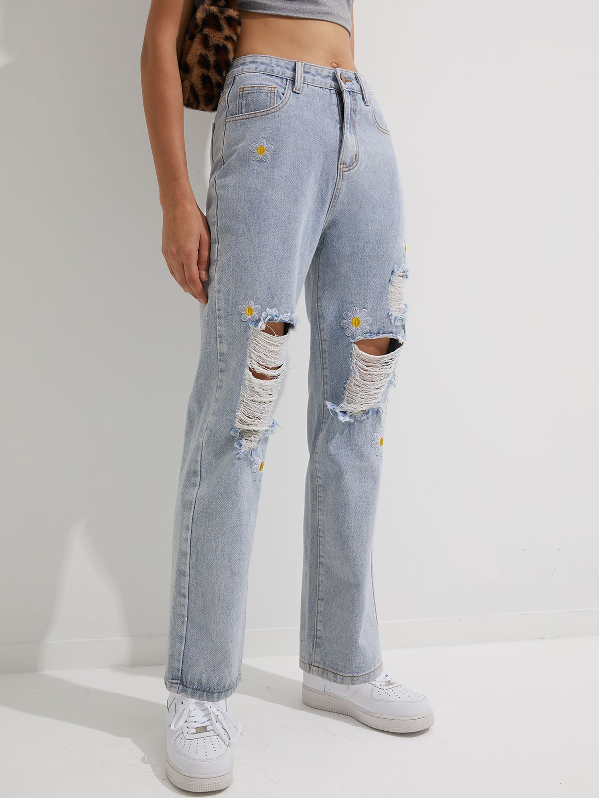 Emmiol Free shipping 2024 Floral Embroidery Ripped Jeans Blue XS in