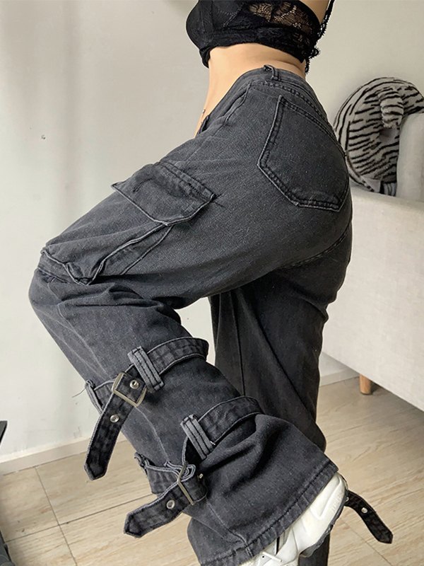 Emmiol Free shipping 2023 Buckle Strap Detail Pocket Cargo Jeans Black