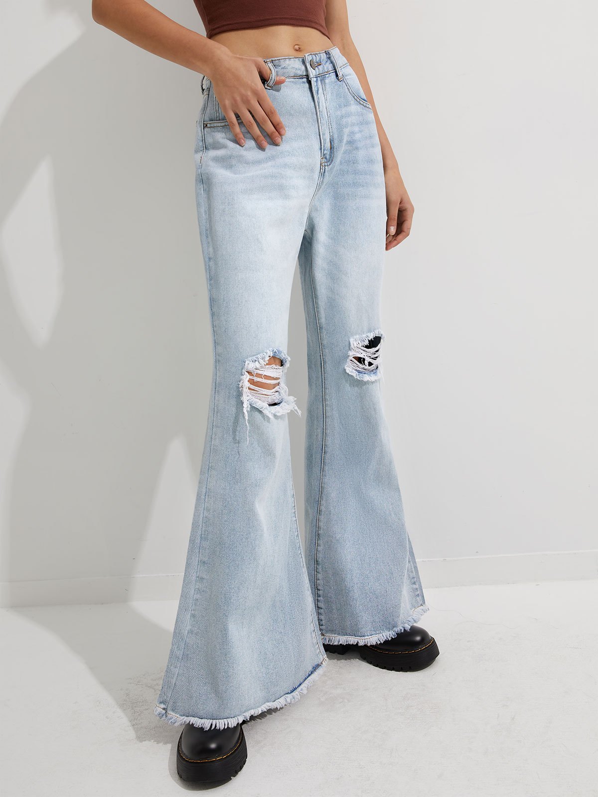 2022 Jeans strappati a vita alta invecchiati Blu M In Jeans Strappati  Online Store. Best For Sale | Emmiol.com