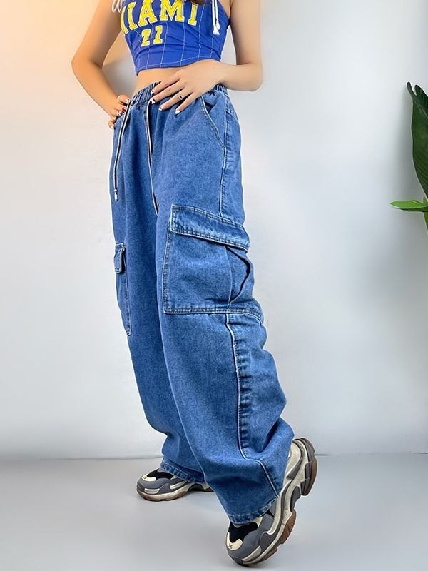 Emmiol Free shipping 2024 Drawstring Waist Pocket Cargo Jeans Blue M in