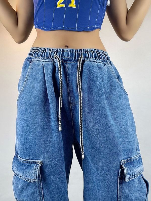Emmiol Free shipping 2023 Drawstring Waist Pocket Cargo Jeans Blue M in