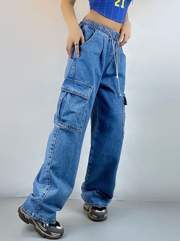 Emmiol Free shipping 2023 Drawstring Waist Pocket Cargo Jeans Blue M in