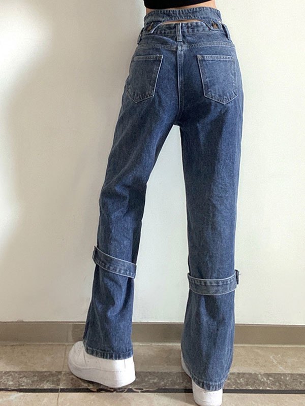 Emmiol Free shipping 2024 Double Waist Strap Cargo Jeans Blue M in