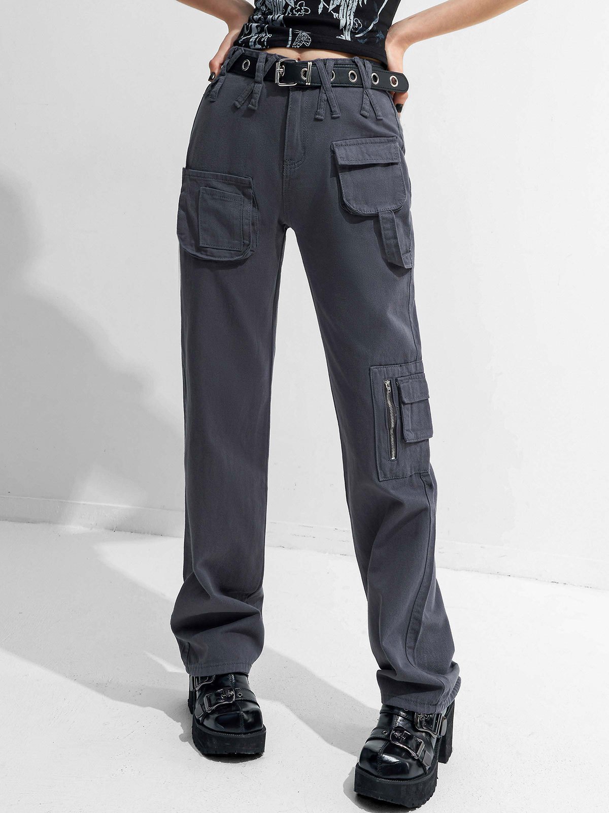 Emmiol Free shipping 2024 Strap Detail Pocket Cargo Jeans Grey S in