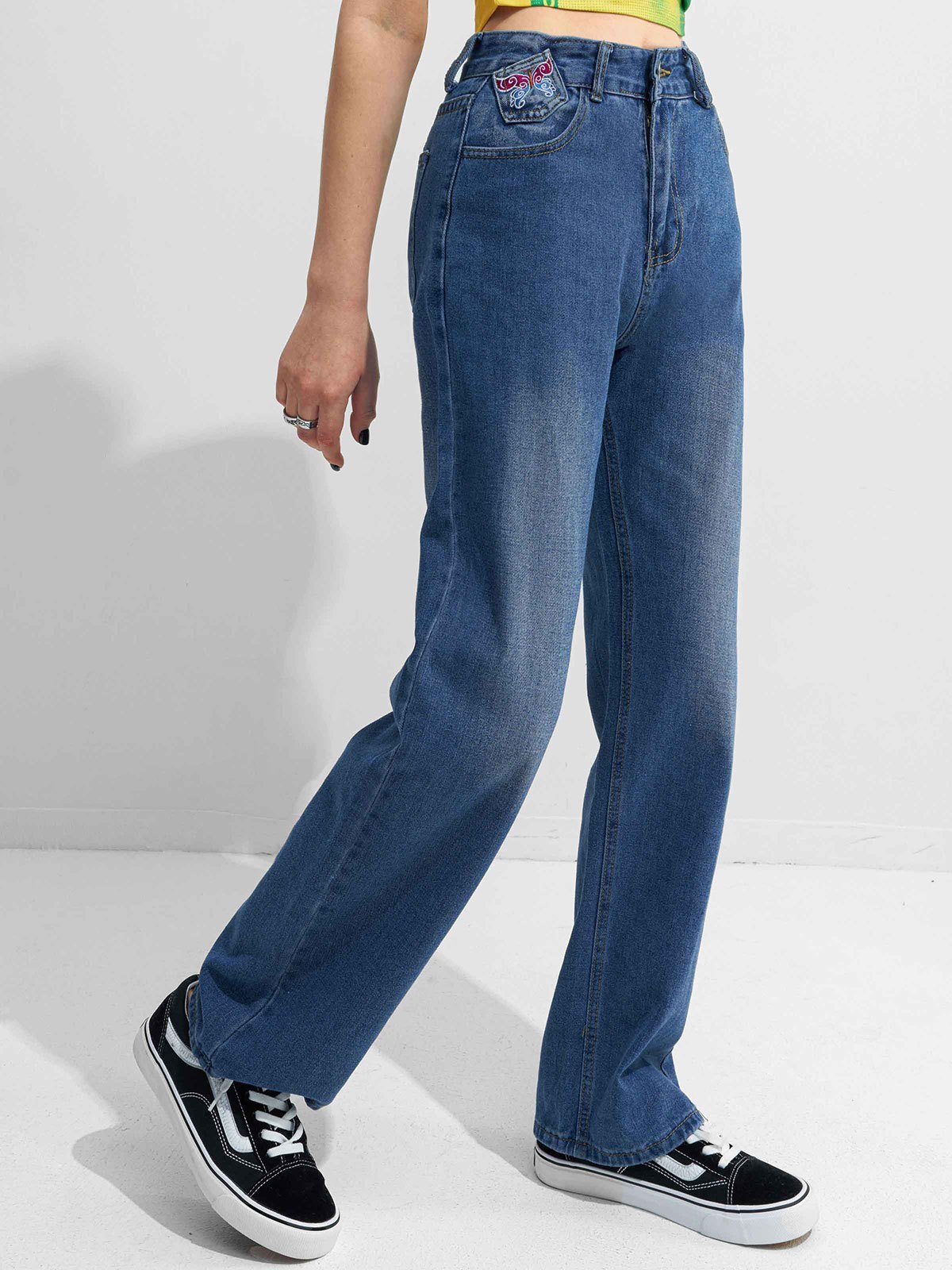 Emmiol Free shipping 2023 Embroidery Butterfly Boyfriend Jeans Blue L