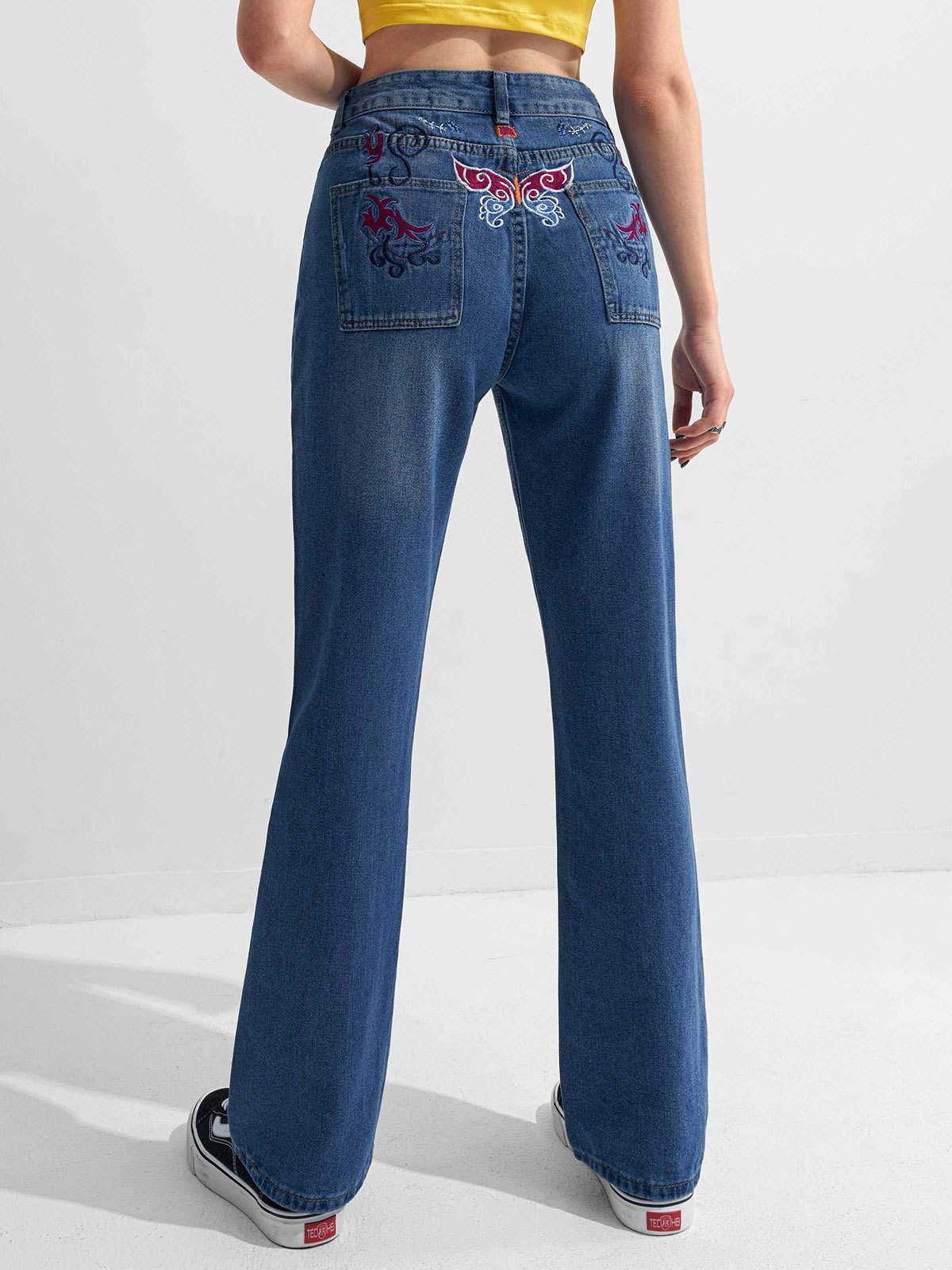 Emmiol Free shipping 2023 Embroidery Butterfly Boyfriend Jeans Blue L