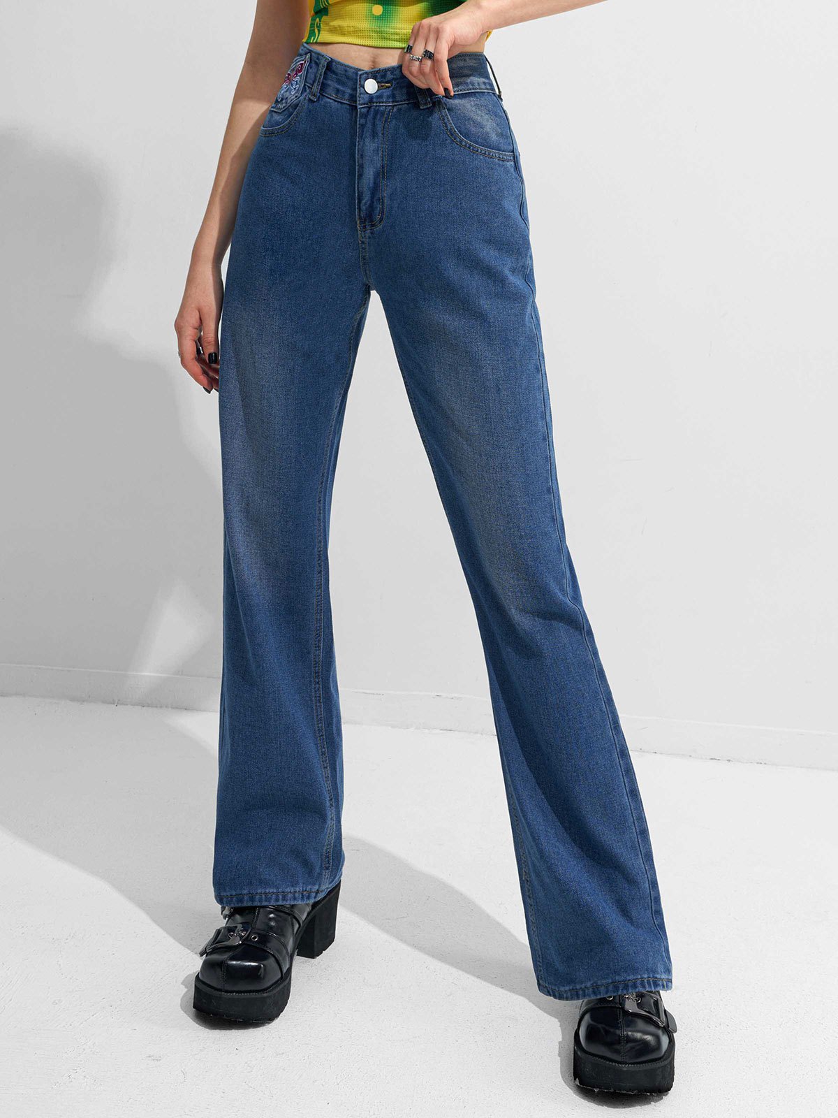 Emmiol Free shipping 2023 Embroidery Butterfly Boyfriend Jeans Blue L