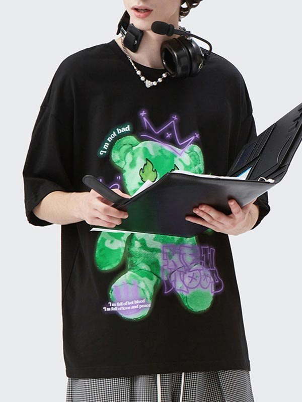 EMMIOL Camiseta con estampado de oso de llama reflectante para hombre