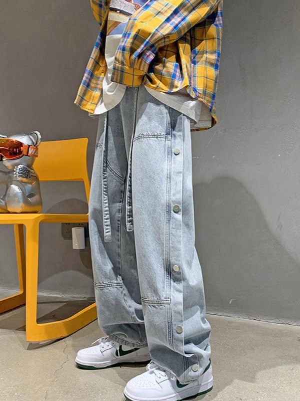 EMMIOL Jeans rectos con botones lavados para hombre
