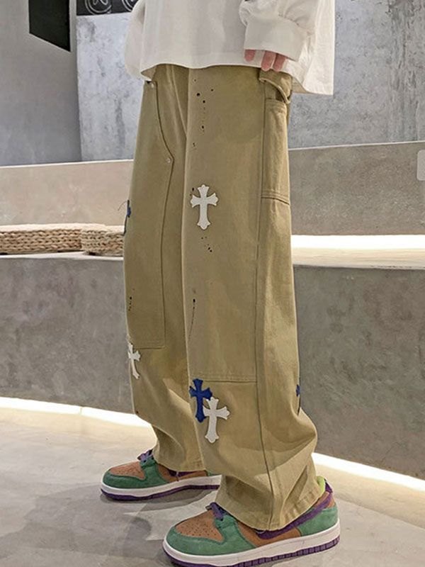 Emmiol Free shipping 2023 Men's Cross Patched Splash Straight Jeans