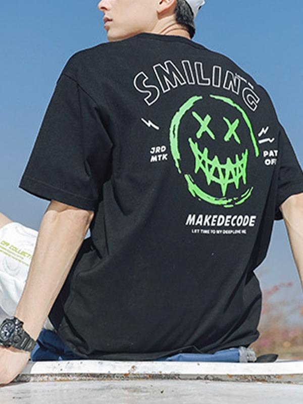 EMMIOL Camiseta con estampado de sonrisa malvada reflectante para hombre