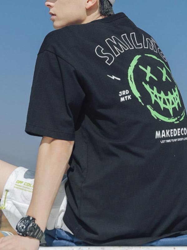 EMMIOL Camiseta con estampado de sonrisa malvada reflectante para hombre