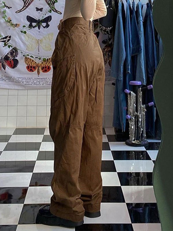 Emmiol Free shipping 2023 Low Waist Pocket Cargo Pants Brown S in Cargo