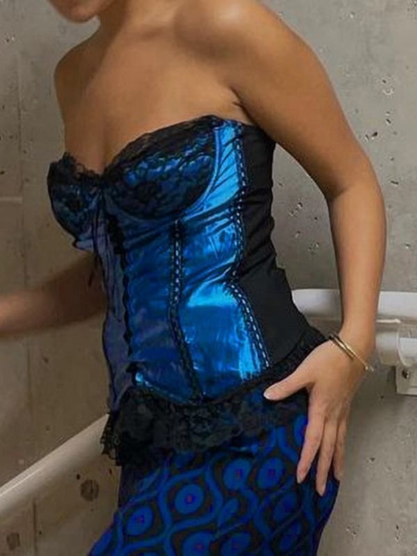 EMMIOL Tie Front Lace Paneled Satin Corset Top