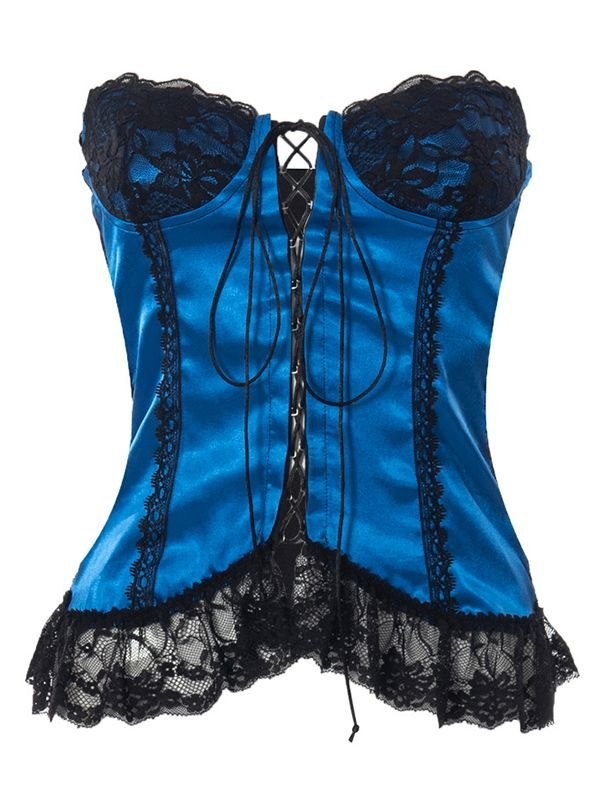 EMMIOL Tie Front Lace Paneled Satin Corset Top