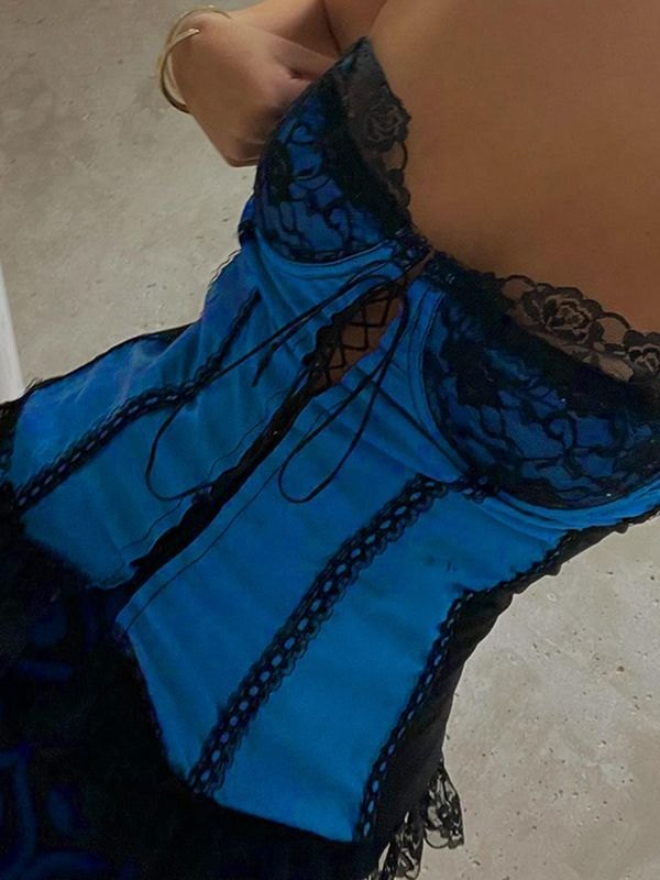 EMMIOL Tie Front Lace Paneled Satin Corset Top