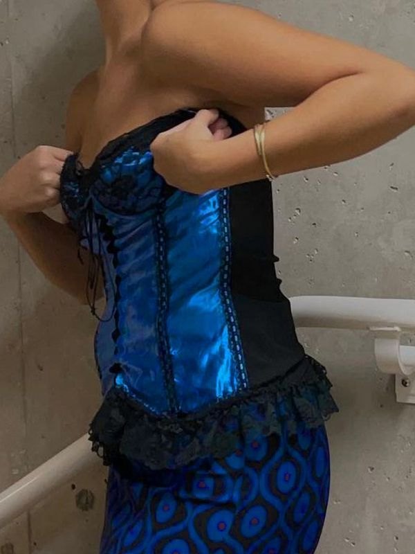 EMMIOL Tie Front Lace Paneled Satin Corset Top
