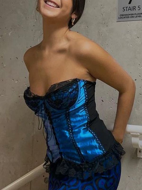 EMMIOL Tie Front Lace Paneled Satin Corset Top