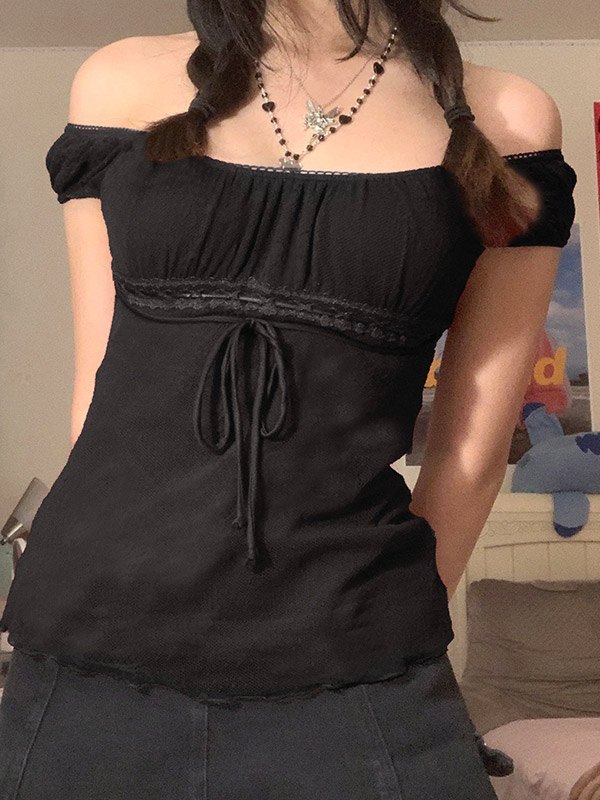 EMMIOL Vintage Tie Front Lace Trim Blouse