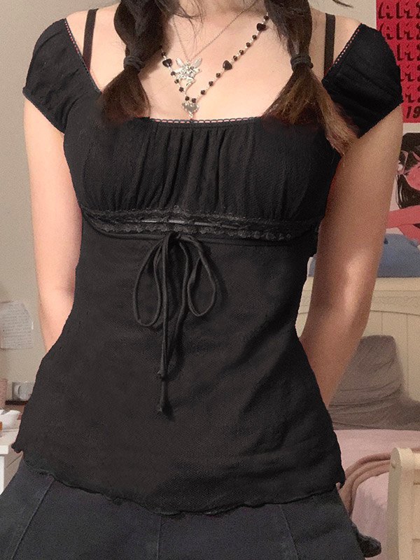 EMMIOL Vintage Tie Front Lace Trim Blouse